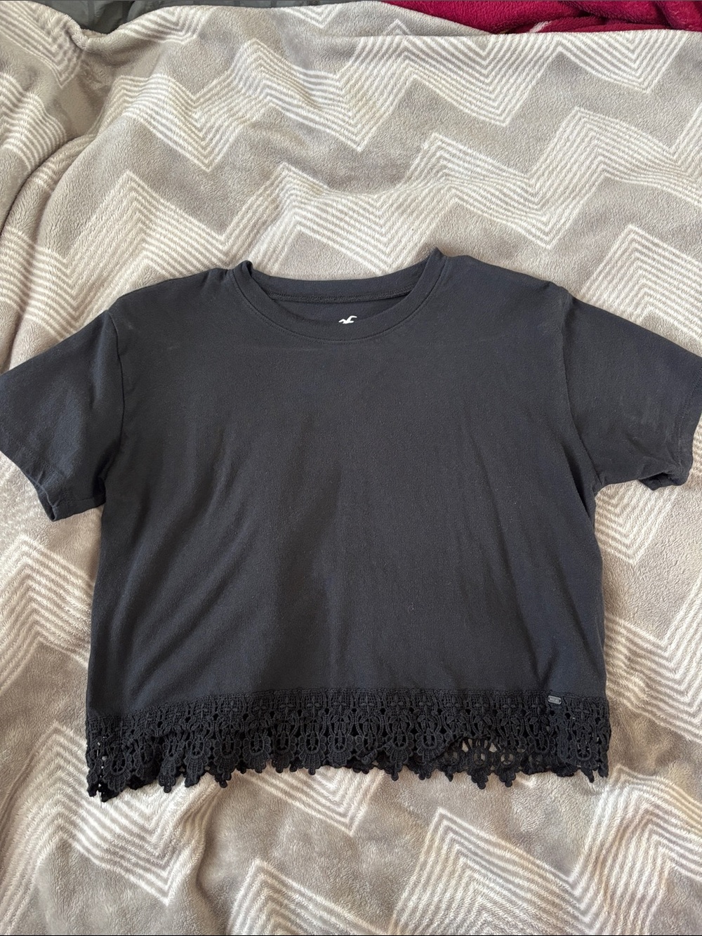 Hollister Black Short-Sleeve Crop Top with Crochet Hem